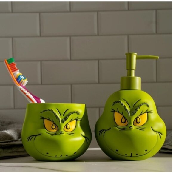Grinch Bathroom Set Lotion Soap Dispenser and Toothbrush Holder Christmas Decor - Picture 2 of 13